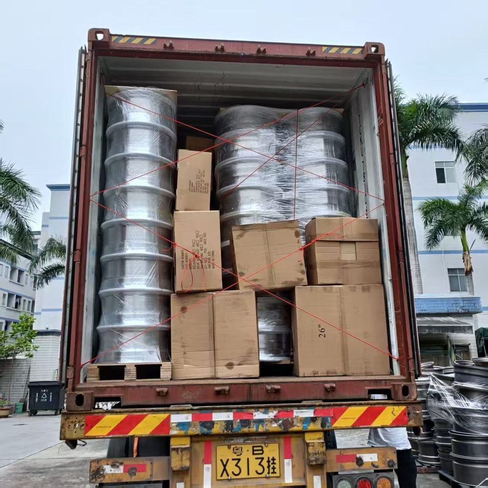 Finished alloy wheels packed for export container loading